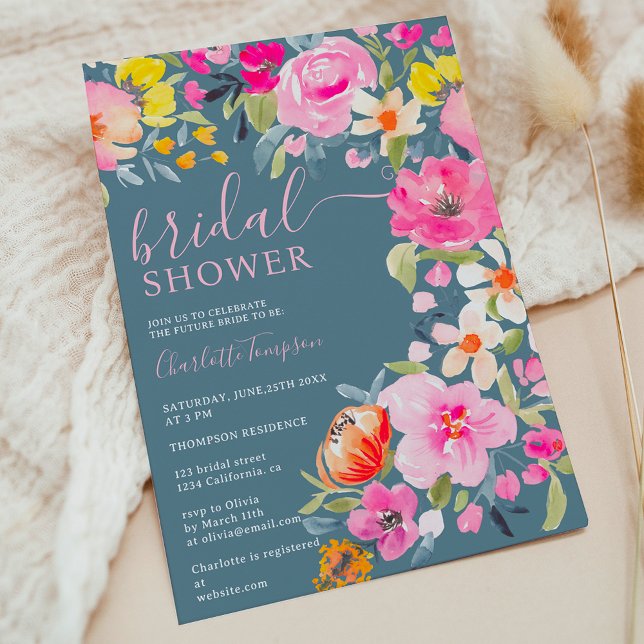 Bohemian floral watercolor blue bridal shower invitation (Bohemian floral watercolor blue bridal shower invitation)