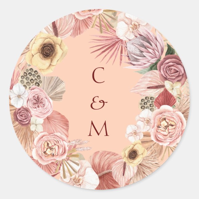 Bohemian Floral Wreath Caramel Initials Stickers (Front)