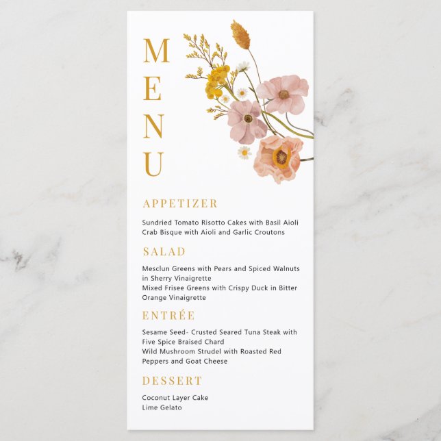 Bohemian Flowers Menu, Whimsical Bridal Shower Men Menu (Front)