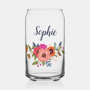 Bohemian Flowers Name in Navy Blue Can Glass