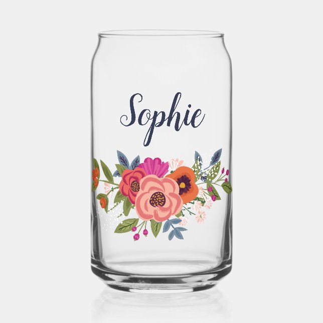 Bohemian Flowers Name in Navy Blue Can Glass (Front)