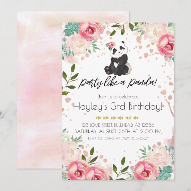 Bohemian Flowers Party Like a Panda Birthday Invitation (Front/Back)