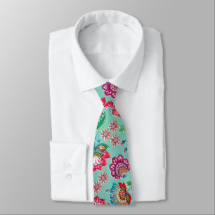Bohemian folk art floral pattern turquoise wedding tie
