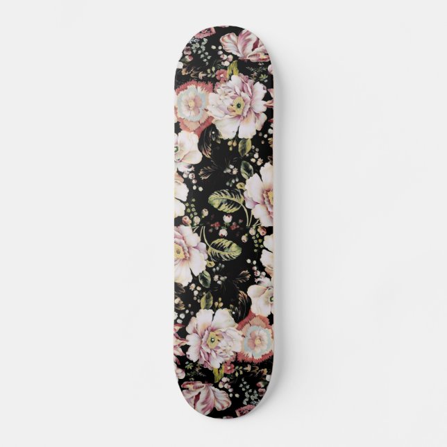 bohemian french country chic black floral skateboard (Front)