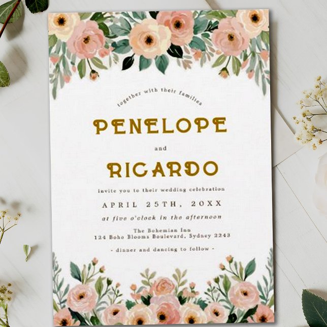 Bohemian Garden Flower Peach Wedding Invitation (Creator Uploaded)