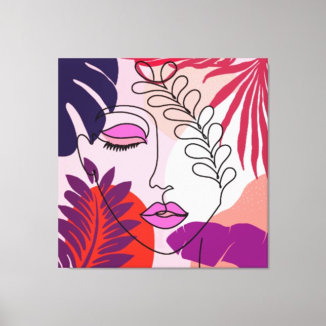 Bohemian Girl Line Art Pink Aesthetic  Canvas Print (Front)