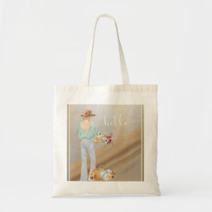 Bohemian Girl With Autumn Pumpkins and Flowers Tote Bag