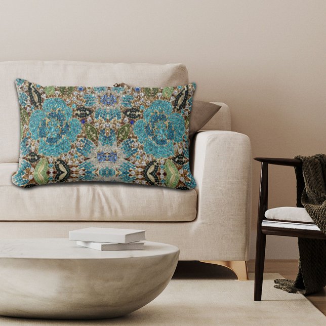 bohemian girly chic silver turquoise blue flower lumbar cushion (bohemian girly chic silver turquoise blue flower lumbar pillow)