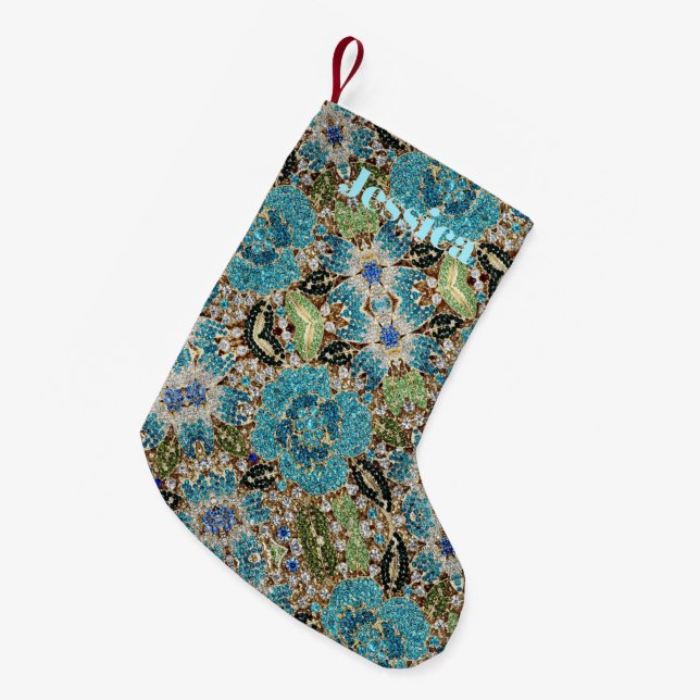 bohemian girly chic silver turquoise blue flower small christmas stocking (Front (Hanging))