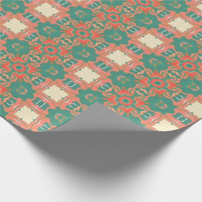 Bohemian Glam Turquoise Blue Coral Peach Tiles Wrapping Paper (Corner)
