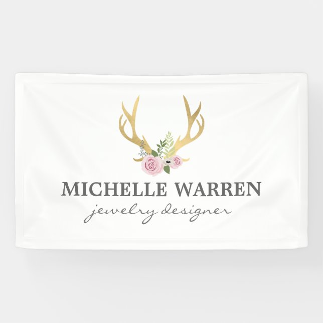 Bohemian Gold Antlers with Flowers Banner (Horizontal)