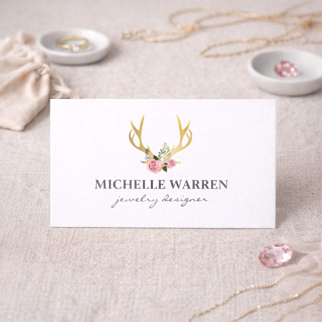 Bohemian Gold Antlers with Flowers Business Card (Creator Uploaded)