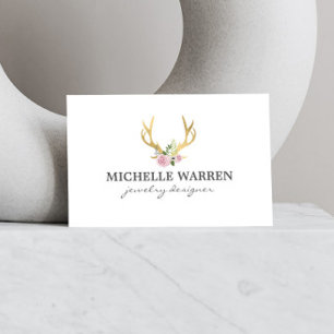 Bohemian Gold Antlers with Flowers Business Card