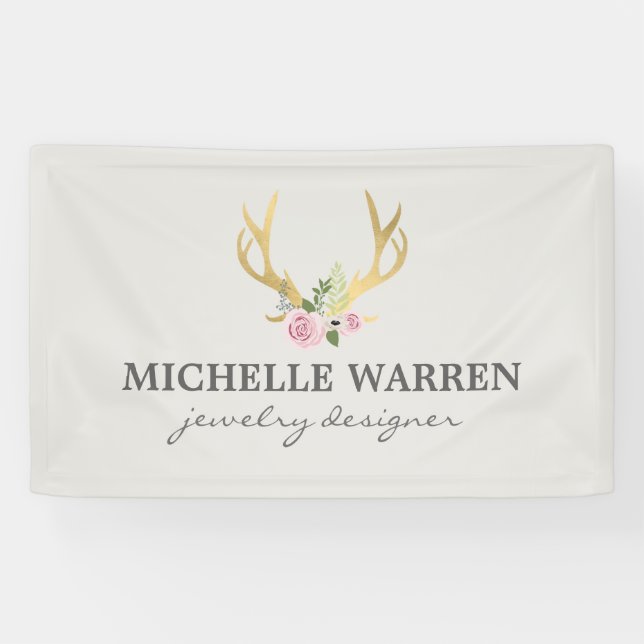 Bohemian Gold Antlers with Flowers II Banner (Horizontal)