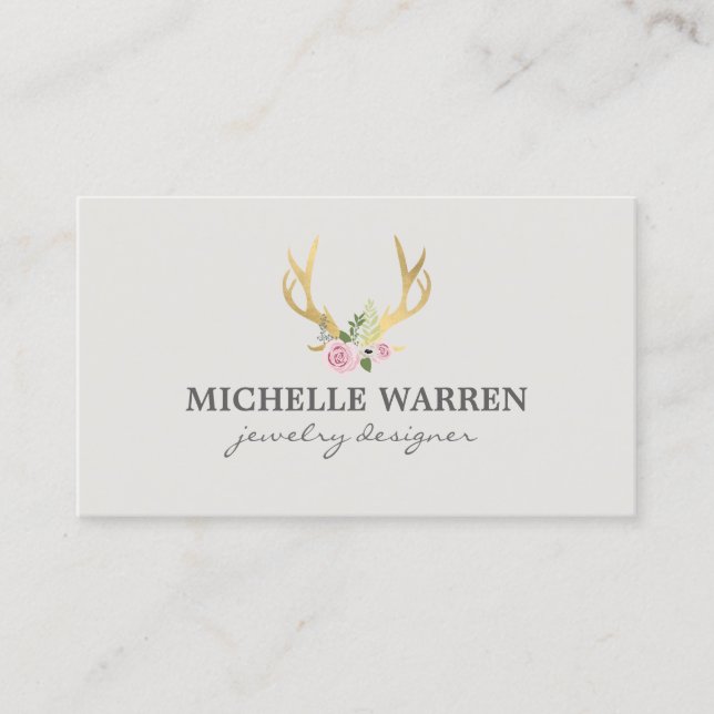 Bohemian Gold Antlers with Flowers II Business Card (Front)