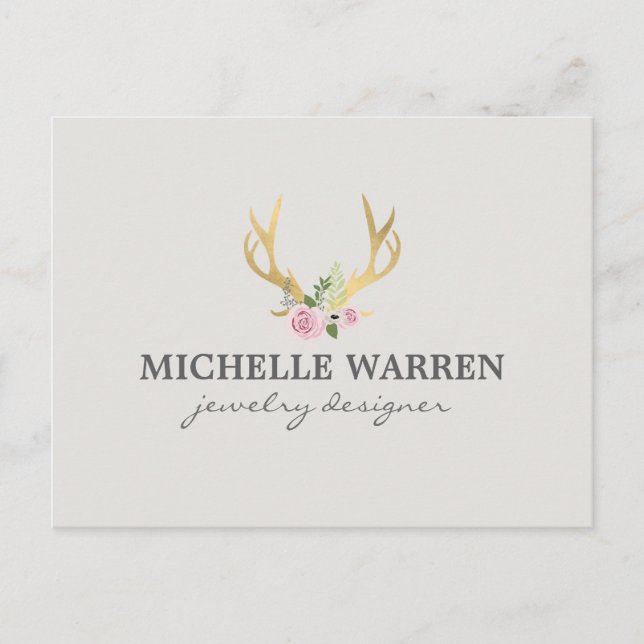 Bohemian Gold Antlers with Flowers II Postcard (Front)