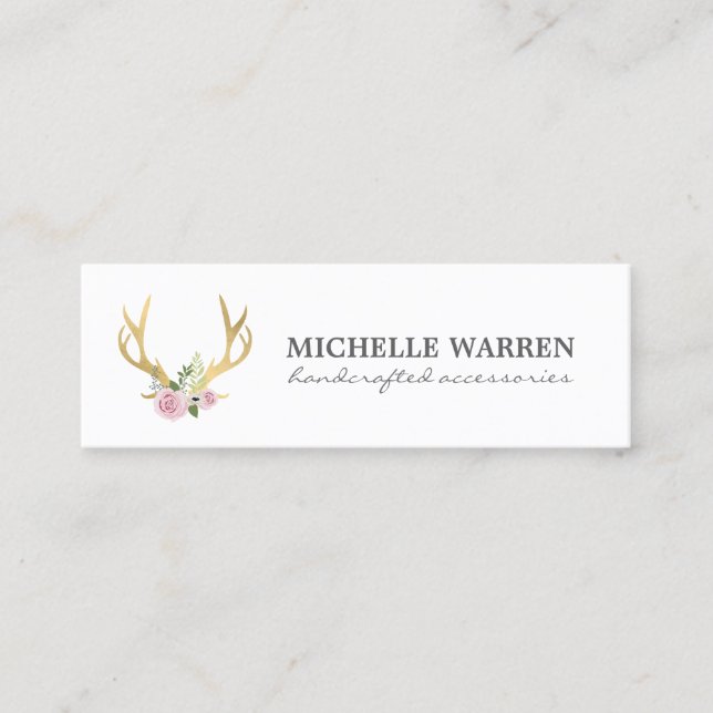 Bohemian Gold Antlers with Flowers Mini Business Card (Front)