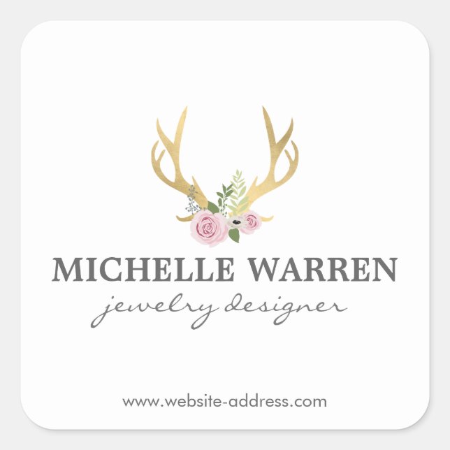 Bohemian Gold Antlers with Flowers Personlized Square Sticker (Front)