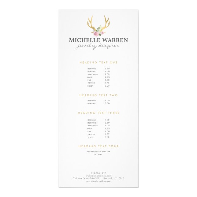 Bohemian Gold Antlers with Flowers Rack Card (Front)