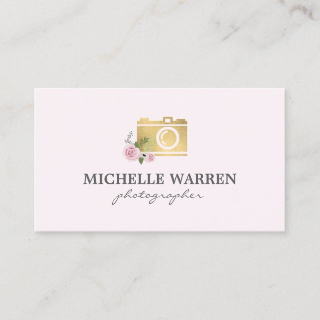Bohemian Gold Camera Flowers Pink Photographer Business Card (Front)