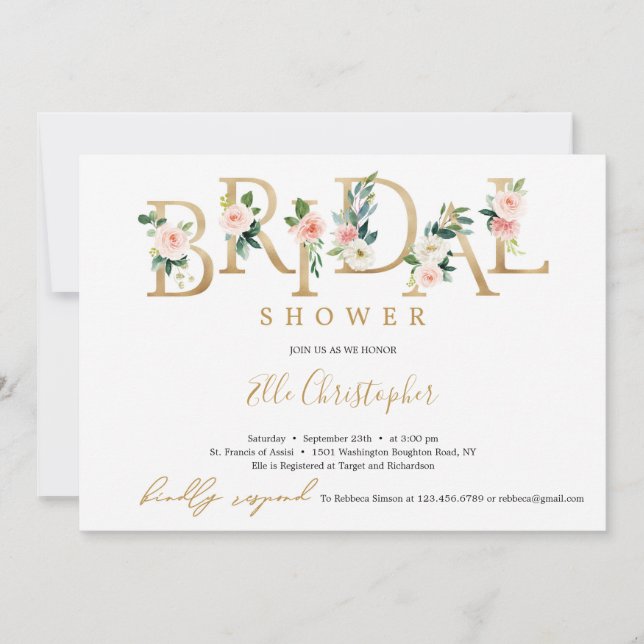 Bohemian gold foil floral letter bridal shower invitation (Front)