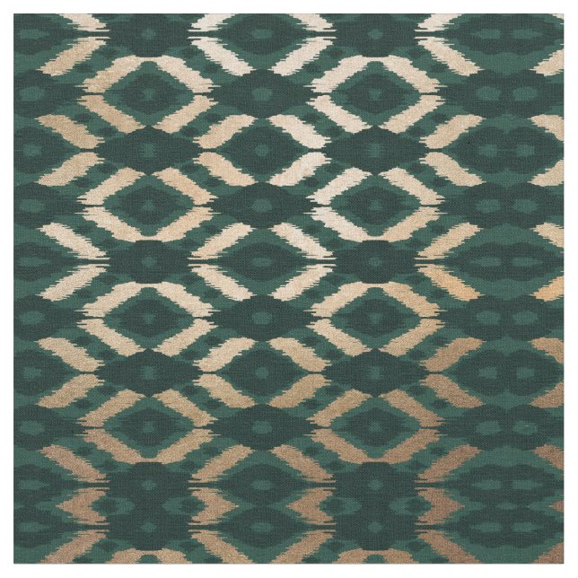 Bohemian Gold Forest Green Ikat Pattern Fabric (Close Up)