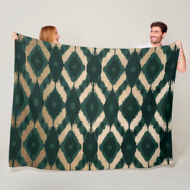 Bohemian Gold Forest Green Ikat Pattern Fleece Blanket (In Situ)