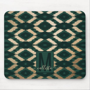 Bohemian Gold Forest Green Ikat Pattern Mouse Mat