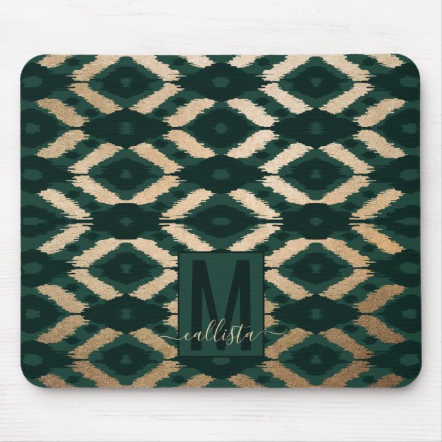 Bohemian Gold Forest Green Ikat Pattern Mouse Mat (Front)