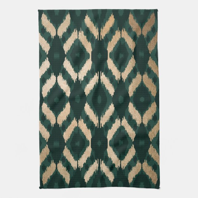 Bohemian Gold Forest Green Ikat Pattern Tea Towel (Vertical)