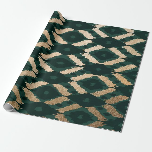 Bohemian Gold Forest Green Ikat Pattern Wrapping Paper (Unrolled)