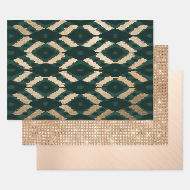 Bohemian Gold Forest Green Ikat Pattern Wrapping Paper Sheet (Set)
