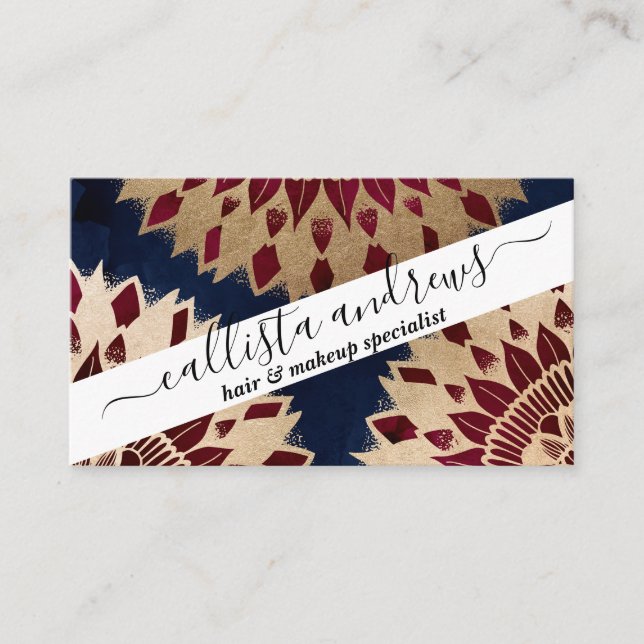 Bohemian Gold Navy Burgundy Hand Drawn Mandala Business Card (Front)