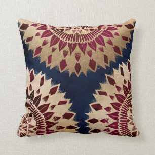 Bohemian Gold Navy Burgundy Hand Drawn Mandala Cushion