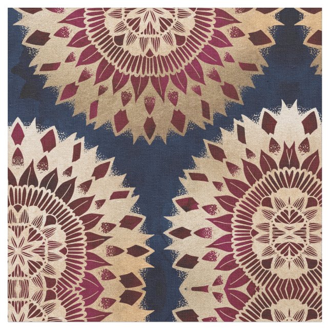 Bohemian Gold Navy Burgundy Hand Drawn Mandala Fabric (Close Up)