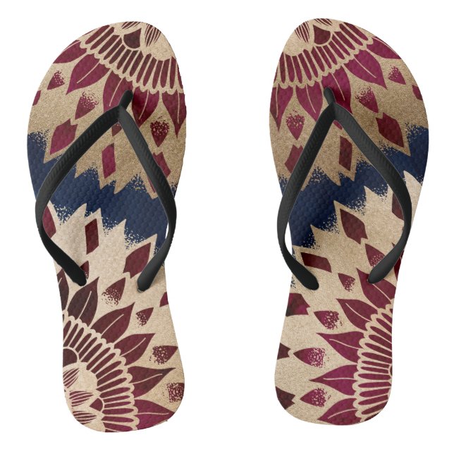 Bohemian Gold Navy Burgundy Hand Drawn Mandala Flip Flops (Footbed)