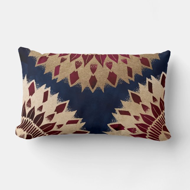 Bohemian Gold Navy Burgundy Hand Drawn Mandala Lumbar Cushion (Front)
