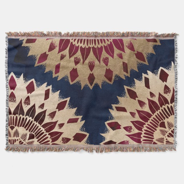 Bohemian Gold Navy Burgundy Hand Drawn Mandala Throw Blanket (Front)