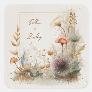Bohemian Gold Pincushion Botanical Frame Wedding Square Sticker