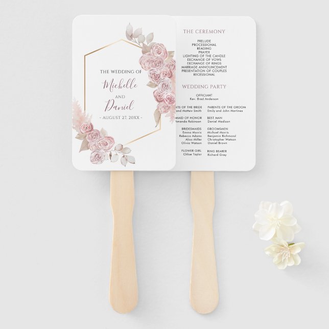 Bohemian Gold Pink Floral Wedding  Hand Fan (Front and Back)