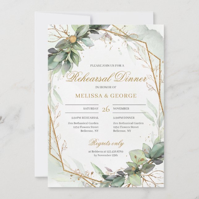 Bohemian green eucalyptus and gold rehearsal invitation (Front)