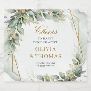 Bohemian green eucalyptus and gold wedding beer bottle label