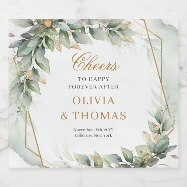 Bohemian green eucalyptus and gold wedding beer bottle label (Single Label)