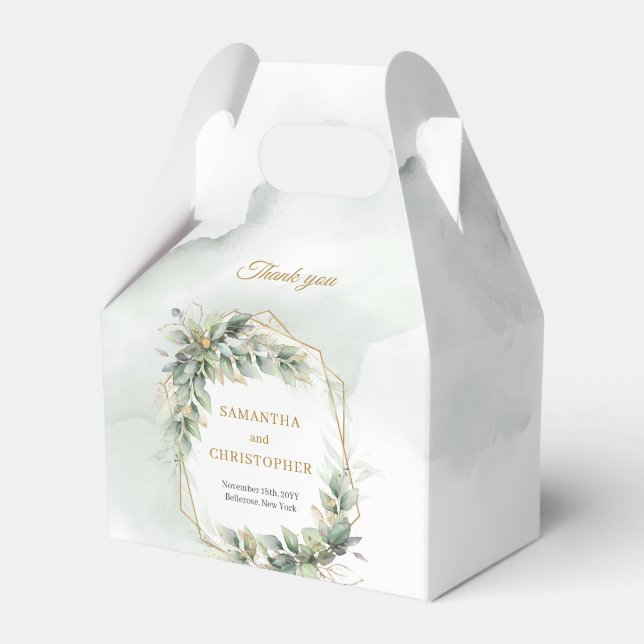 Bohemian green eucalyptus and gold wedding favour box (Front Side)