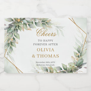 Bohemian green eucalyptus and gold wedding sparkling wine label