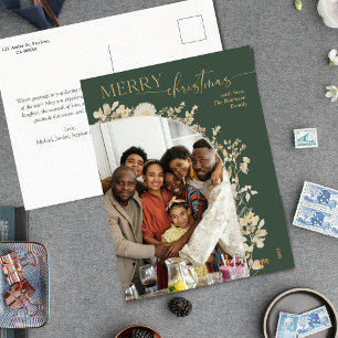 Bohemian Green Gold Script Photo Christmas Postcard