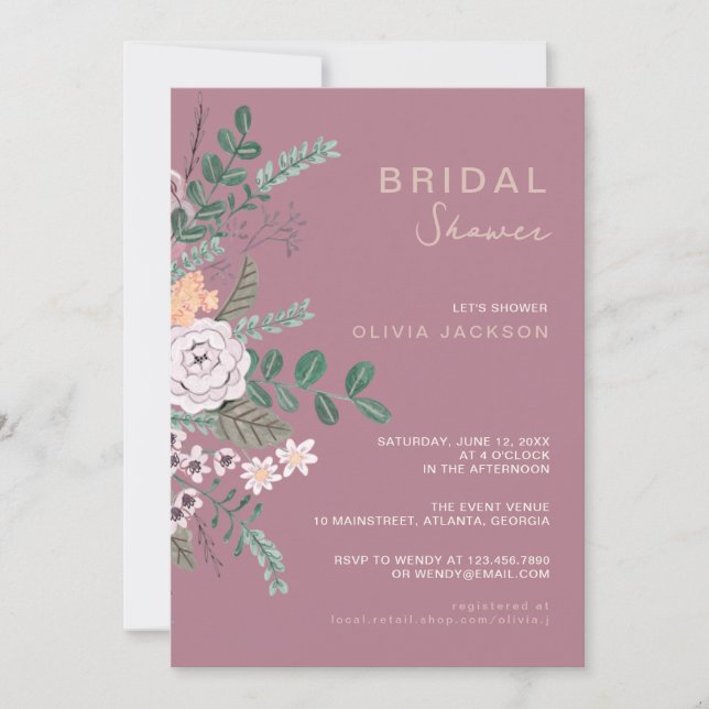 Bohemian Green & Mauve Chic Floral Flowers Bridal  Invitation (Front)