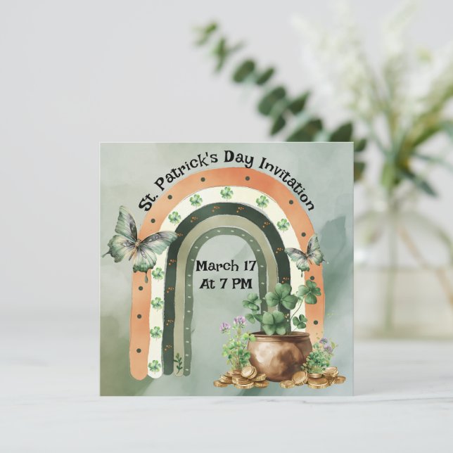 Bohemian Green Watercolor Rainbow Illustration Invitation (Standing Front)