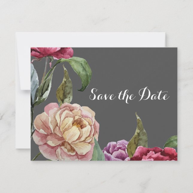 Bohemian Grey & Purple Floral Save the Date Cards (Front)