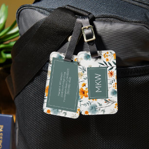 Bohemian Grey, Sage & Gold Floral Monogram Luggage Tag